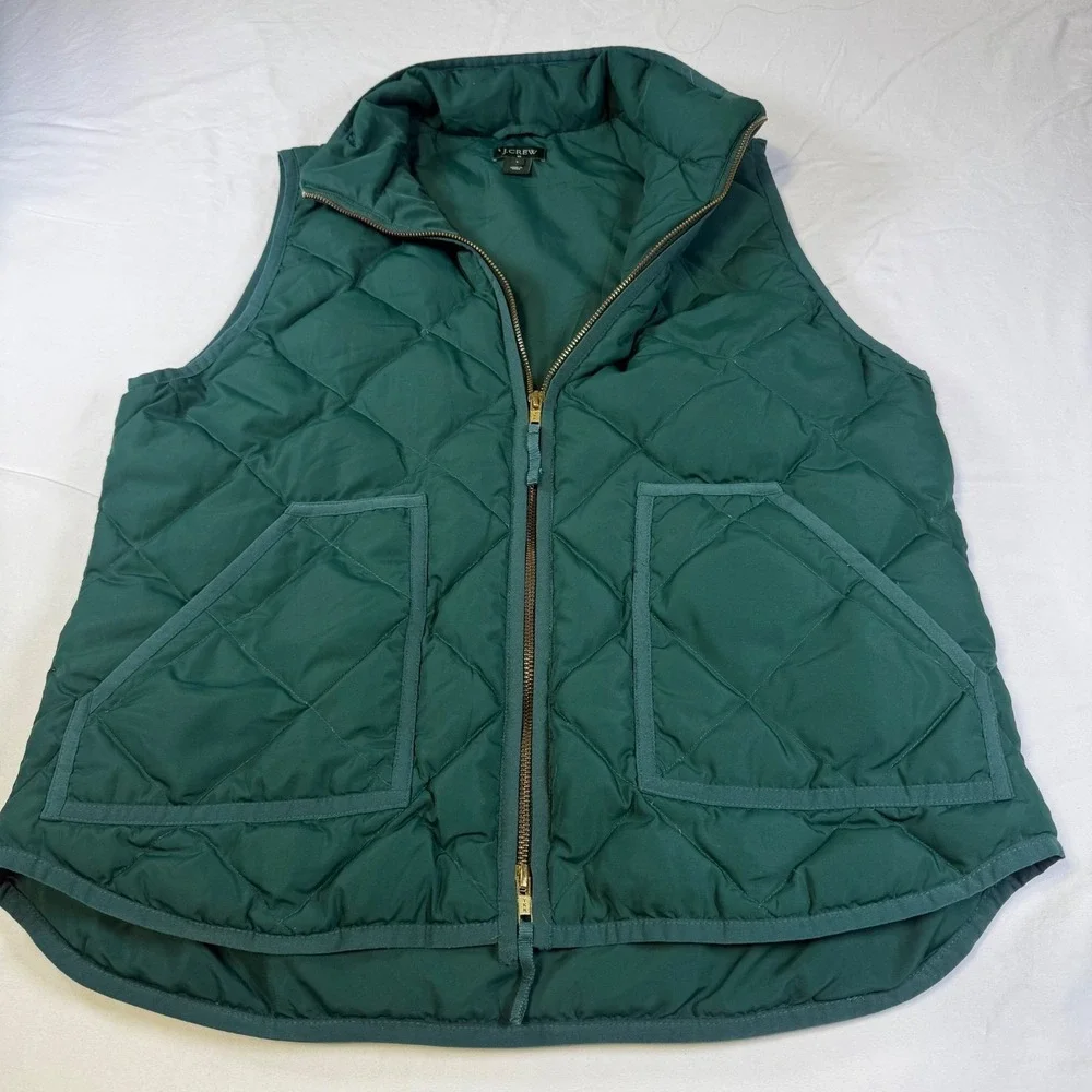 J. Crew Down Quilted Vest Women's Size Large Green Double‎ Zipper Pockets